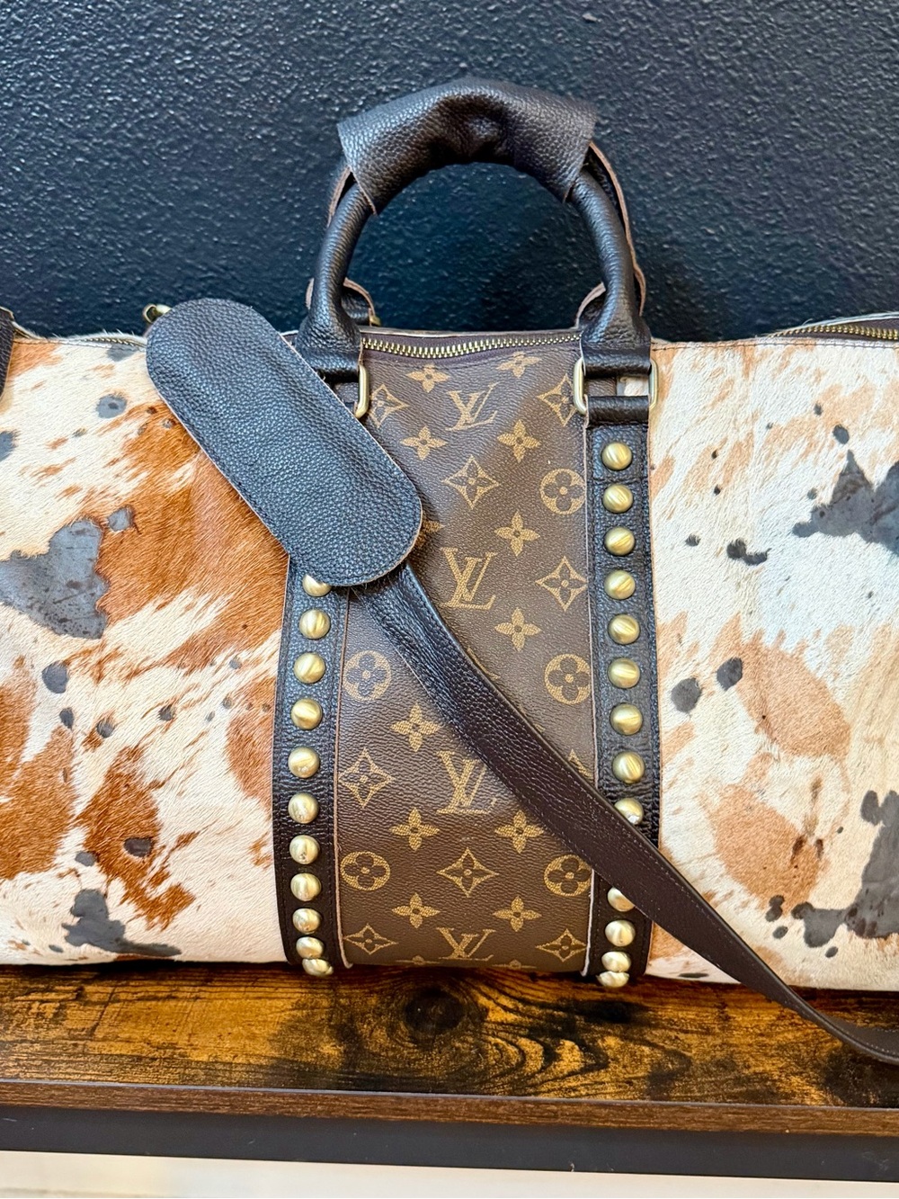 South Boutique Recycled & Cowhide Studded Travel Duffel